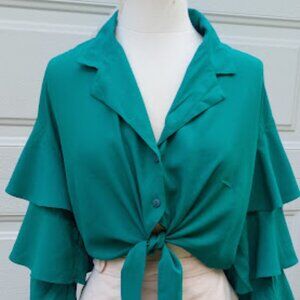 Size XL Chest=46" TEAL 4 tiered Ruffled Sleeves, Collared, Button Front & Tie